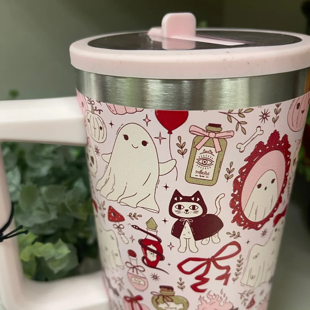 Pink Halloween Ghosts Cats Bows Insulated Stainless Tumbler w/Lid Straw 40ozNWT
